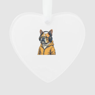 Vintage Bulldog in Headphones Wearing Hoodie Music Ornament