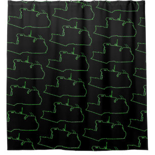 VINTAGE BULLDOZER NEON GREEN ON BLACK SHOWER CURTAIN