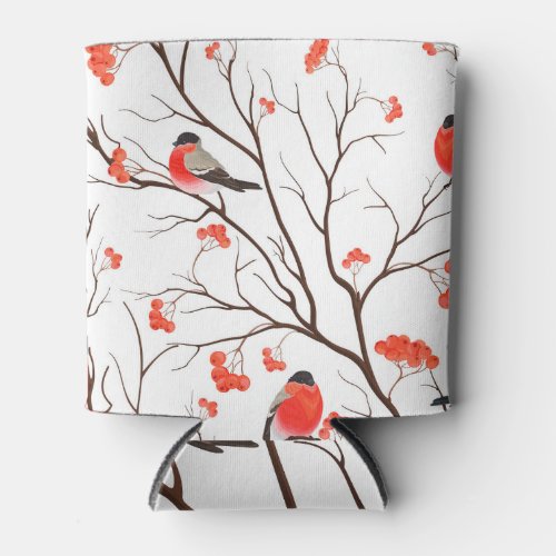 Vintage Bullfinches Rowan Branch Background Can Cooler