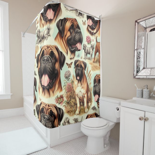 Vintage Bullmastiff Seamless Shower Curtain (In Situ)