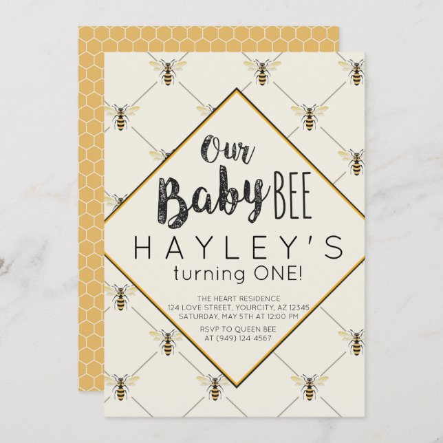 Vintage Bumble Bee Baby Bee 1st Birthday Invitation (Front/Back)
