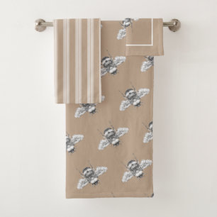 Vintage Bumble Bees & Taupe Bath Towel Set