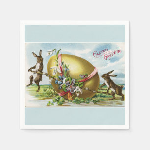 Vintage Bunnies and Golden Easter Egg Blue Paper Napkins