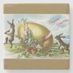 Vintage Bunnies and Golden Easter Egg Stone Coaster