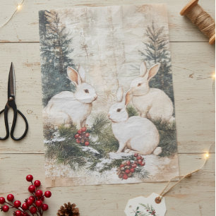 Vintage Bunnies Christmas Winter Aged Decoupage Tissue Paper