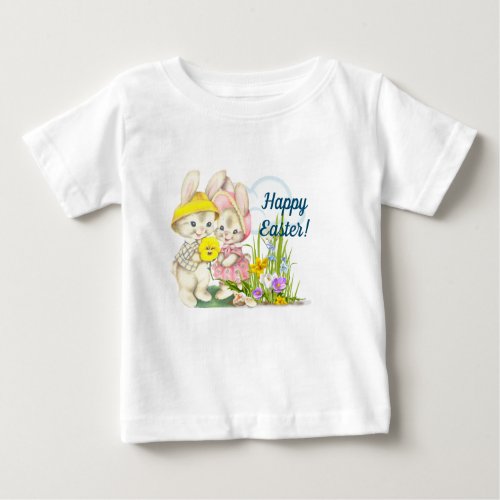 Vintage Bunnies  Flowers Happy Easter Baby T_Shirt