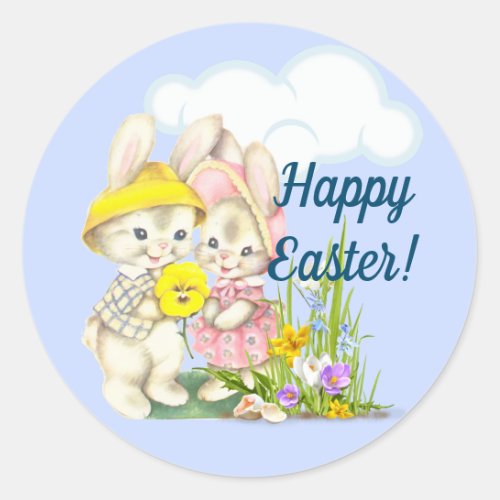 Vintage Bunnies  Flowers Happy Easter Classic Round Sticker
