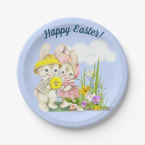 Vintage Bunnies  Flowers Happy Easter Paper Plates