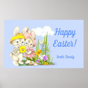 Vintage Bunnies & Flowers Happy Easter Poster
