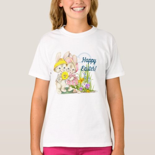 Vintage Bunnies  Flowers Happy Easter T_Shirt
