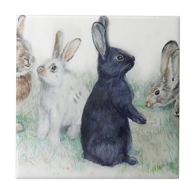 Vintage bunnies, happy easter   ceramic tile (Front)