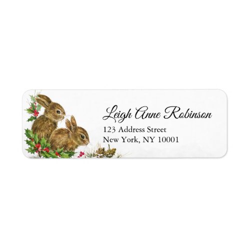 Vintage Bunnies Holly Christmas Return Address Label