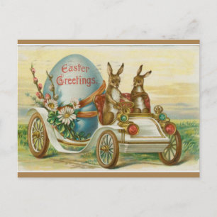 Vintage Bunnies in a Car With Easter Egg Postcard