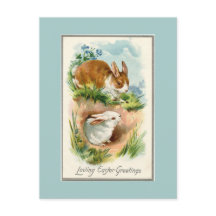 Vintage Bunnies Loving Easter Blue Postcard
