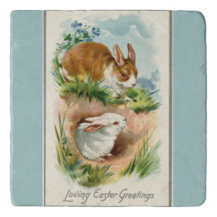 Vintage Bunnies Loving Easter Blue Trivet