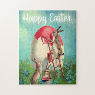 Vintage Bunnies Painting Easter Egg Happy Easter Jigsaw Puzzle
