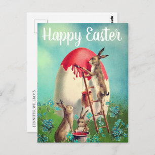 Vintage Bunnies Painting Easter Egg Happy Easter Postcard