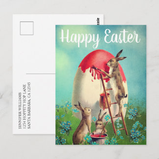 Vintage Bunnies Painting Easter Egg Happy Easter Postcard