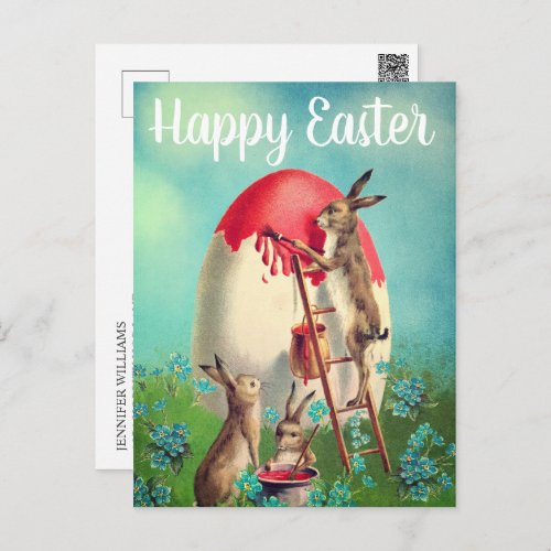 Vintage Bunnies Painting Easter Egg Happy Easter Postcard