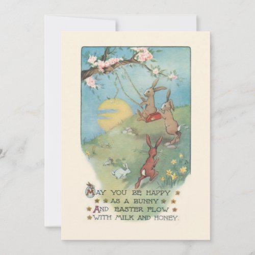 Vintage Bunnies Playing on Swing with Easter Poem  Holiday Card