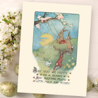 Vintage Bunnies Playing on Swing with Easter Poem