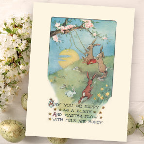Vintage Bunnies Playing on Swing with Easter Poem Postcard