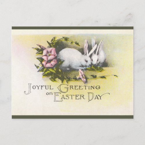 Vintage Bunnies With Pink Flowers Easter Postcard