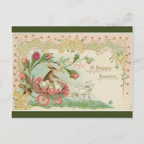 Vintage Bunny and Bells Pulled By Lambs Easter Postcard
