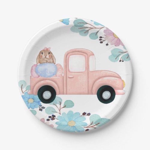 Vintage Bunny and Pink Truck Baby Shower Paper Plates