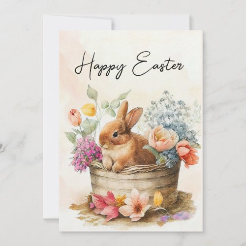 Vintage Bunny Basket Flowers Happy Easter Holiday Card