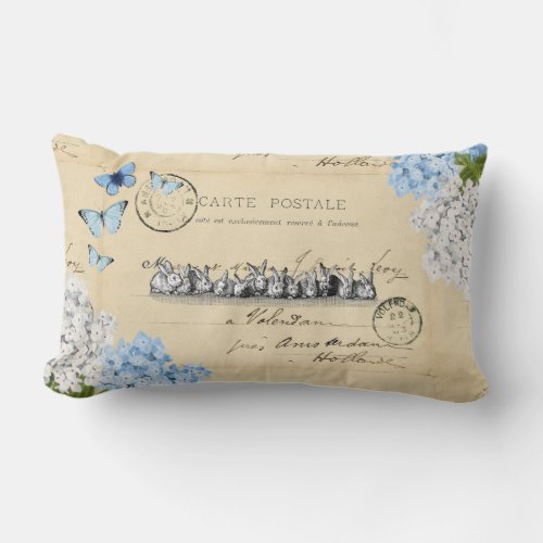 Vintage Bunny Blue Floral Paris Post Throw Pillow
