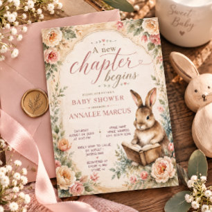 Vintage Bunny Book New Chapter Begins Baby Shower Invitation