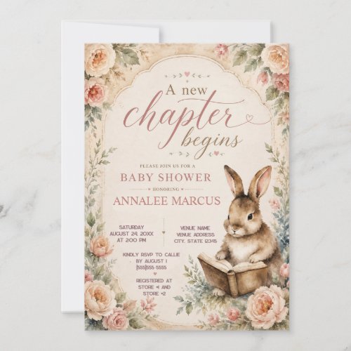 Vintage Bunny Book New Chapter Begins Baby Shower Invitation
