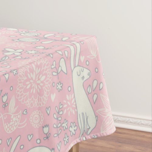 Vintage Bunny Butterfly Flowers Pastel Pink Easter Tablecloth