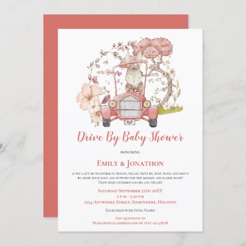 Vintage Bunny Car Floral Drive By Baby Shower Invitation