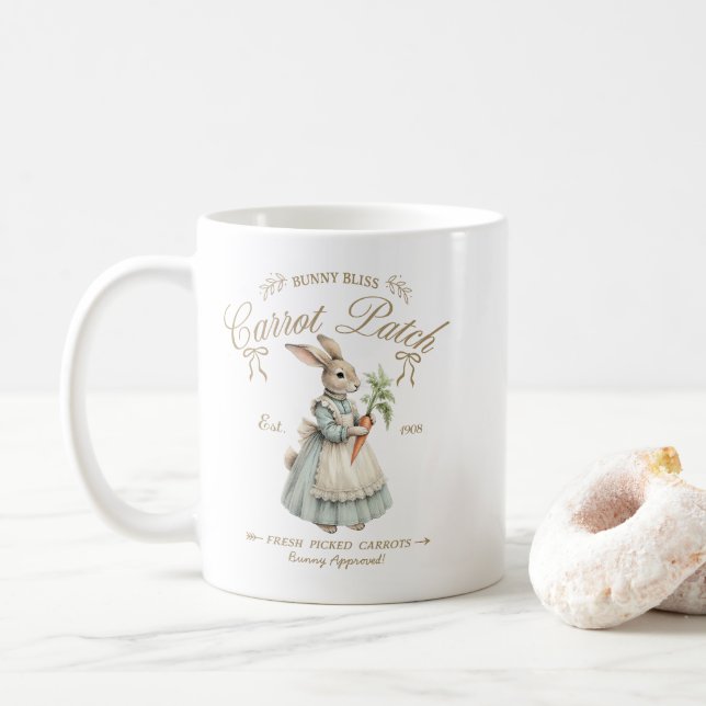 Vintage Bunny Carrot Patch  Coffee Mug (With Donut)