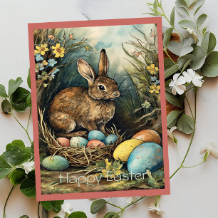 Vintage Bunny Easter Eggs Forest Holiday Card