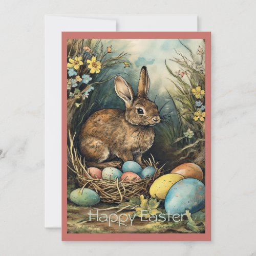 Vintage Bunny Easter Eggs Forest Holiday Card
