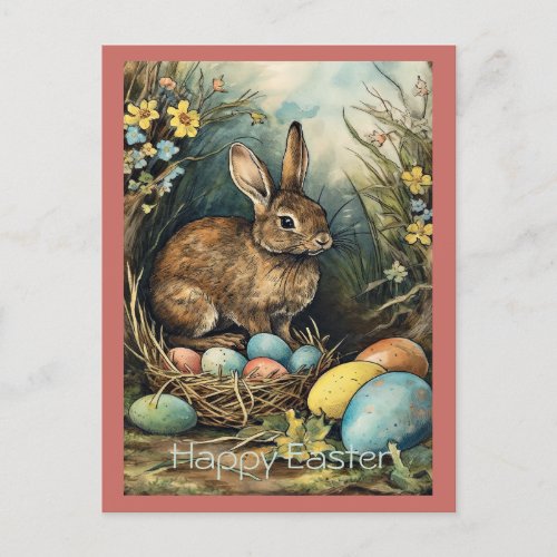 Vintage Bunny Easter Eggs Forest Holiday Postcard