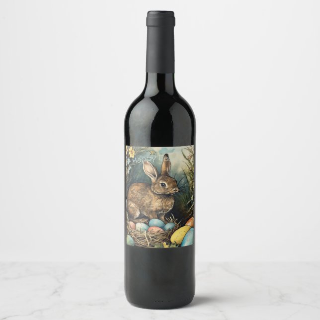 Vintage Bunny Easter Eggs Forest Wine Label (Front)