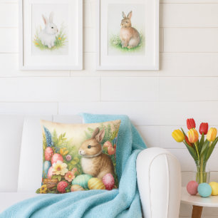 Vintage Bunny Easter Floral  Throw Pillow