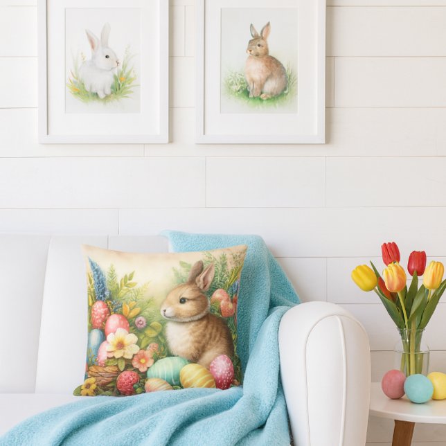 Vintage Bunny Easter Floral  Throw Pillow (Whimsical bunny pillow with spring flowers and eggs perfect for Easter and cozy seasonal décor.)