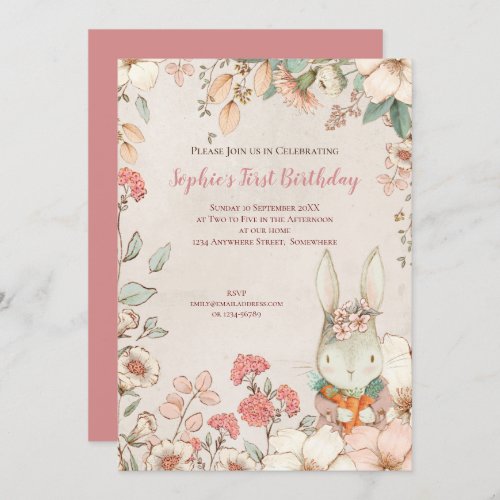 Vintage Bunny Floral 1st Birthday Girl Invitation