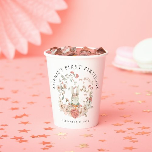 Vintage Bunny Floral Name Girl First Birthday Paper Cups