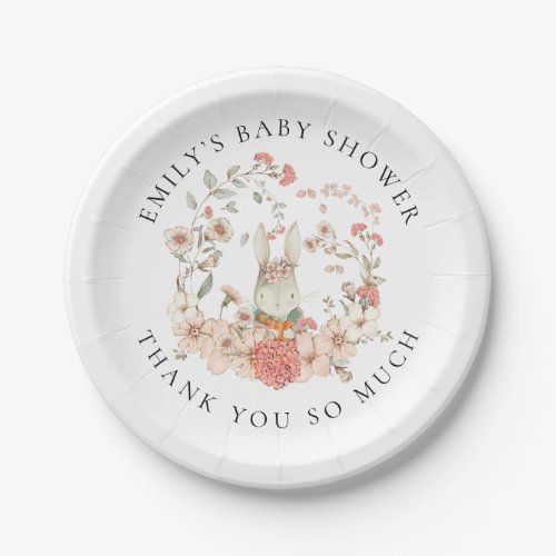 Vintage Bunny Floral Name Thank You Baby Shower Paper Plates