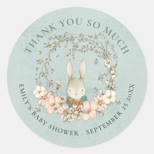 Vintage Bunny Floral Thank You Green Baby Shower Classic Round Sticker