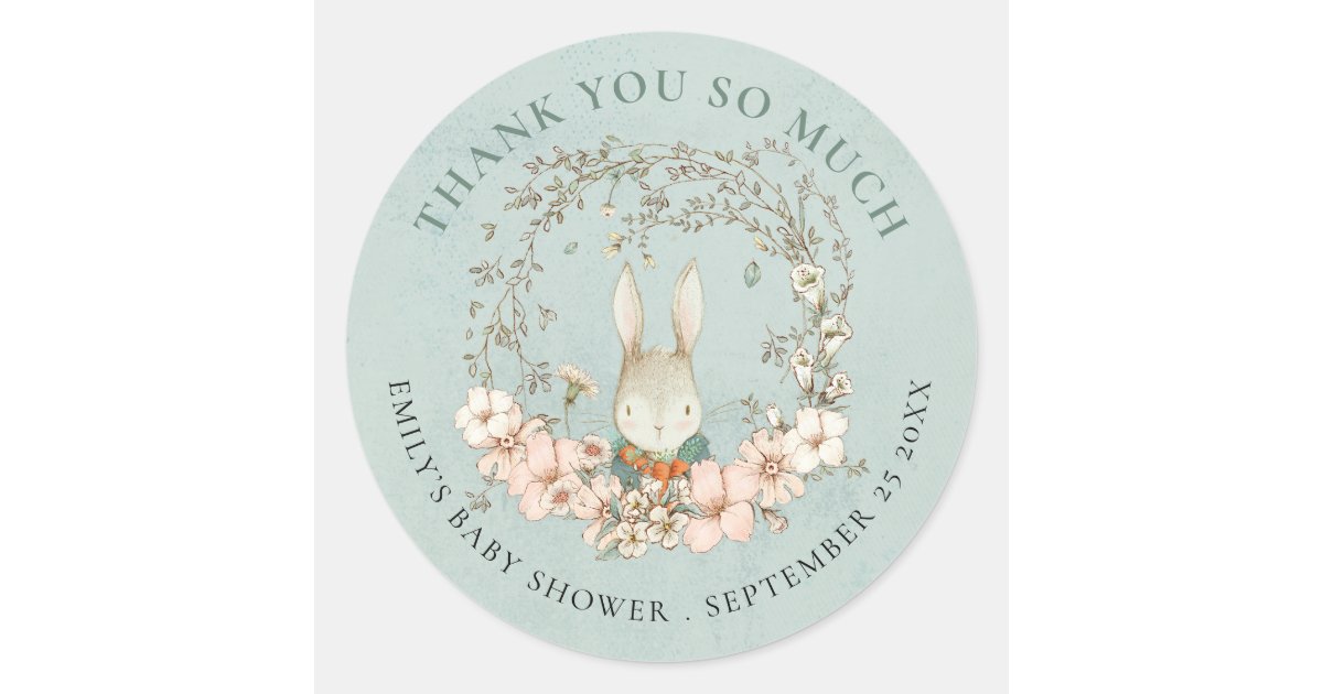 Vintage Bunny Floral Thank You Green Baby Shower Classic Round Sticker ...