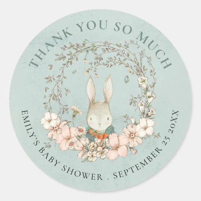 Vintage Bunny Floral Thank You Green Baby Shower Classic Round Sticker ...