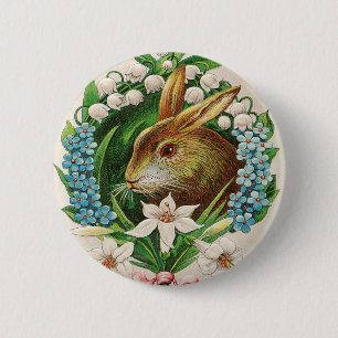 Vintage Bunny Floral Wreath Easter Greetings Button