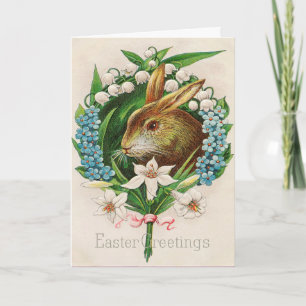 Vintage Bunny Floral Wreath Easter Greetings Holiday Card